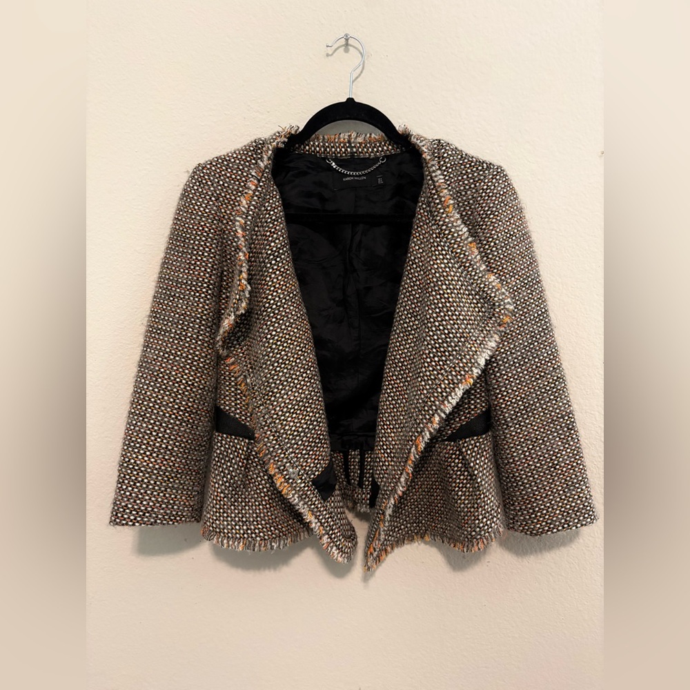 Karen Millen Brown Multi-Tone Tweed Peplum Blazer with Fringed Trim - Picture 2 of 7